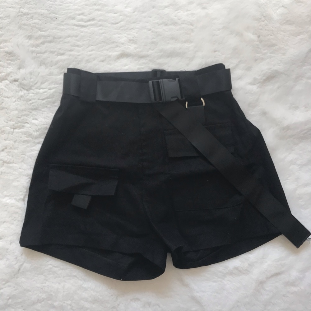Black cargo shorts with belt